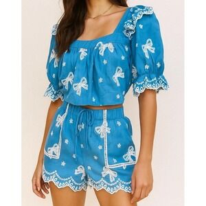 MABLE‎ Anthro Peasant Crop Top And Shorts Set S Blue Embroidered Bows Kawaii NEW